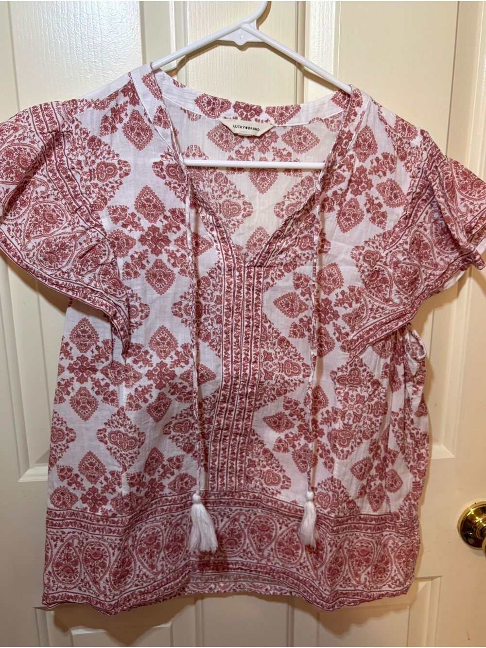 Lucky Brand Women's Red Print Tassel Peasant Top Boho